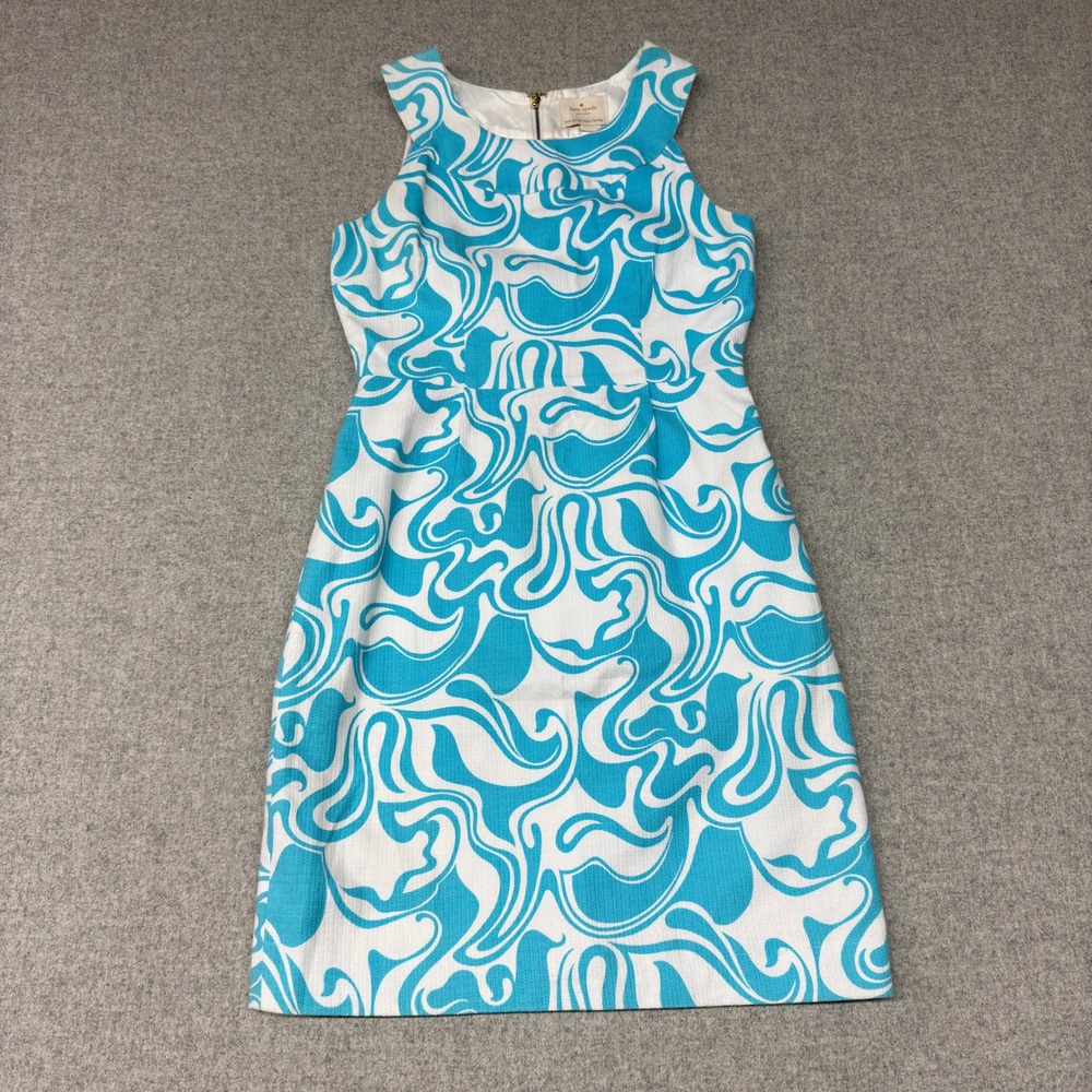 Kate Spade Sleeveless Sheath Dress Size 6 Blue White Abstract Swirl Cotton Zip